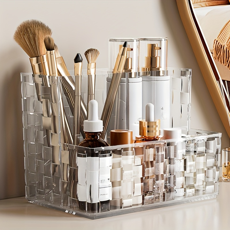 TEMU Luxury Transparent Makeup Organizer With Dividers, Desktop Cosmetic Organizer, Suitable Eyebrow Pencils And Skincare Products, Lightweight