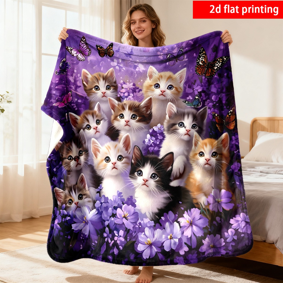 TEMU 2d Flat Printing 1pc Cute Kitten And Design Single-sided Printed Blanket, Comfortable And Warm, Suitable For Office Nap, Camping, Travel, Sofa