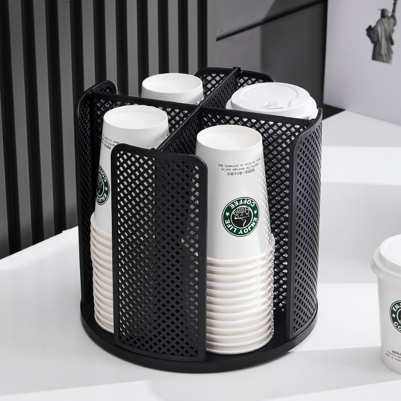 paper cup rotating cup holder with 4 compartments disposable coffee cup dispenser storage box detachable plastic cup storage and lid rack suitable for countertops kitchens coffee stations and bathrooms