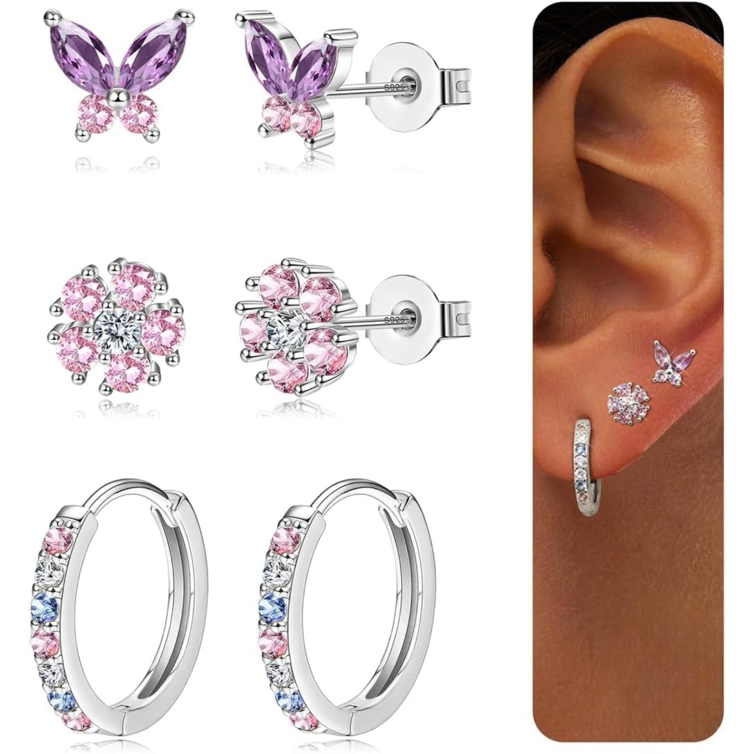Image of 3 Pairs 925 Sterling Earrings For Women Hypoallergenic Stud Hoops Earrings Set Dainty Studs Earings 925 Sterling Silver Post Stud Hoop Earrings Sets For Multiple Piercings