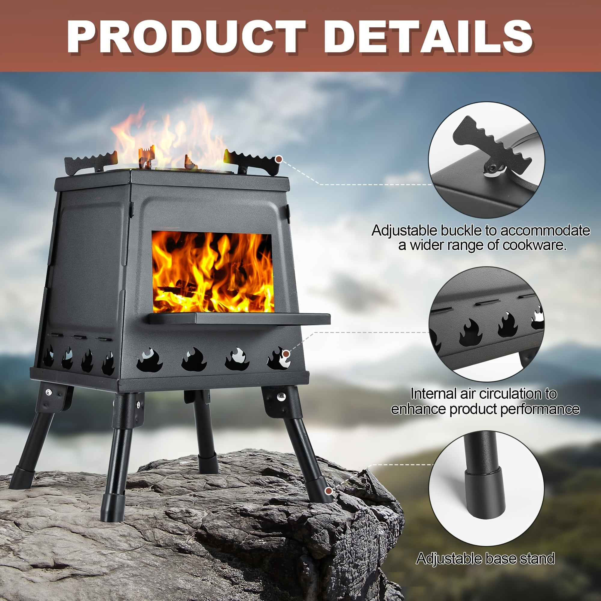 Portable Folding Outdoor wood stove - Heavy-Duty Camping stove with firebox, Foldable legs, for Backpacking, RV, BBQ, Survival - Compact wood burning stove (1-Pack), Camping Stove Portable, Rv Cooking Solution, Bbq Cooking, Foldable Design, Durable Construction