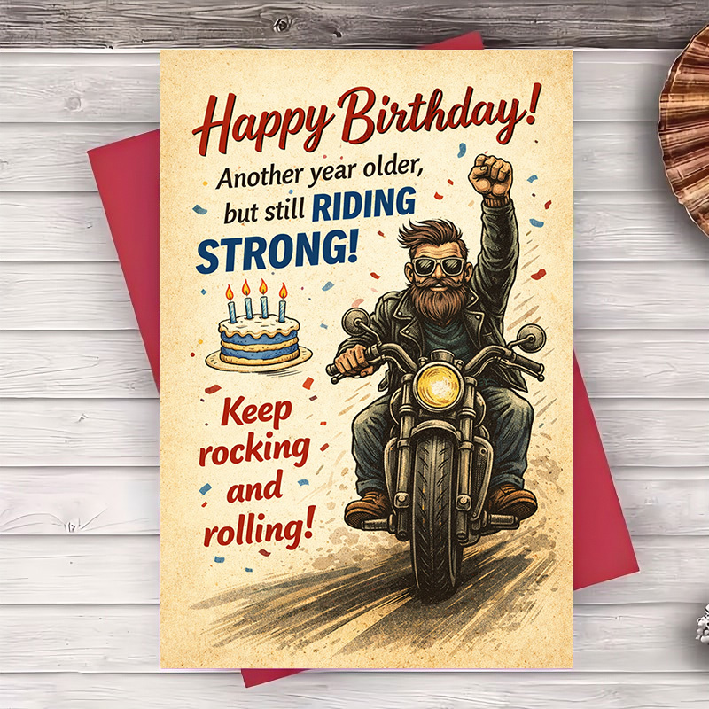 A Birthday Card For Men Featuring A Motorcycle And Adventure Theme, Perfect For Sending Vibrant Birthday Greetings To Adventurous , Family , Or Colleagues