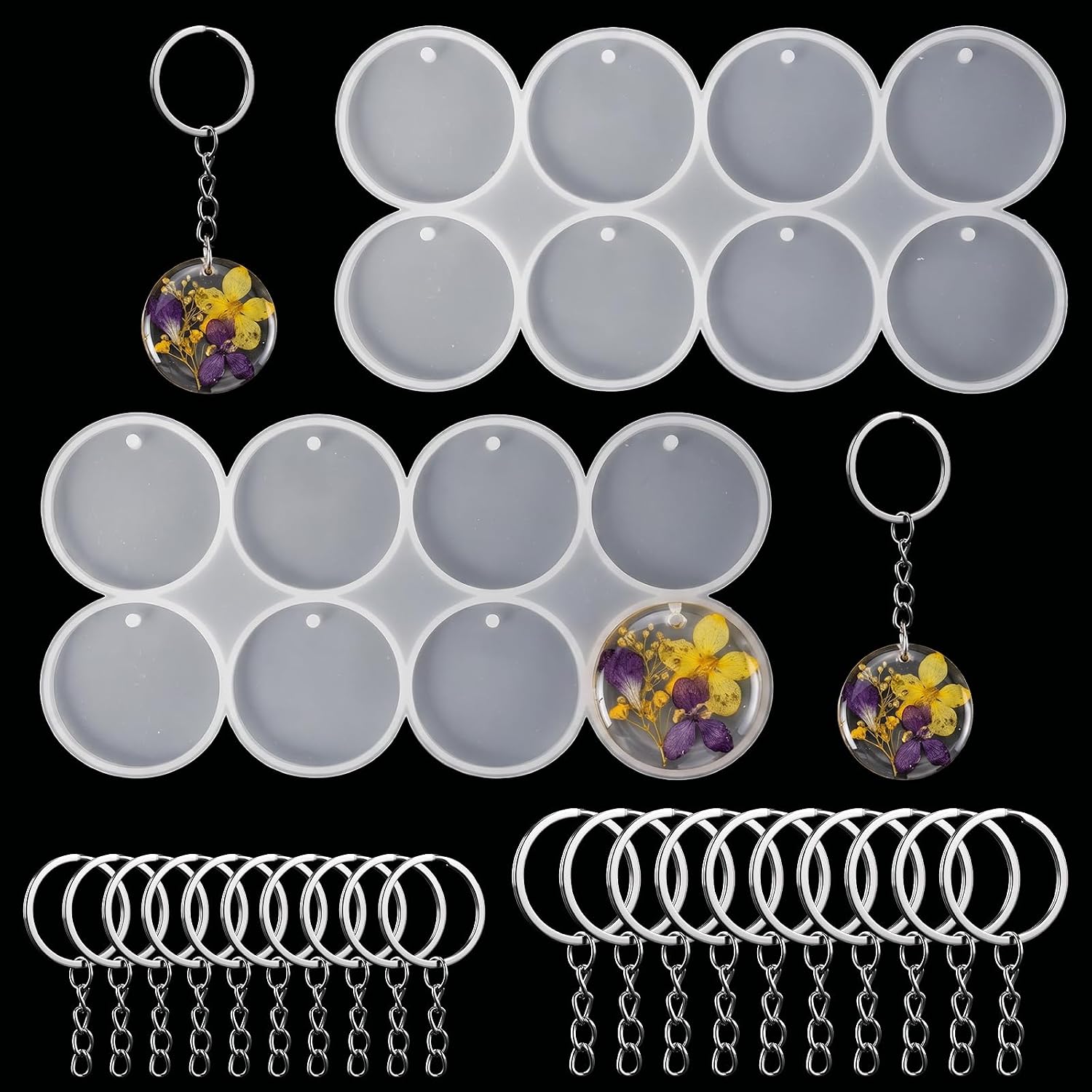 TEMU 2d Flat - 2pcs 16-chamber Resin Mold Set, 2-inch Circular Keychain Mold, Suitable For Crafting, Smooth Flat Silicone Ring Mold With Holes, Used