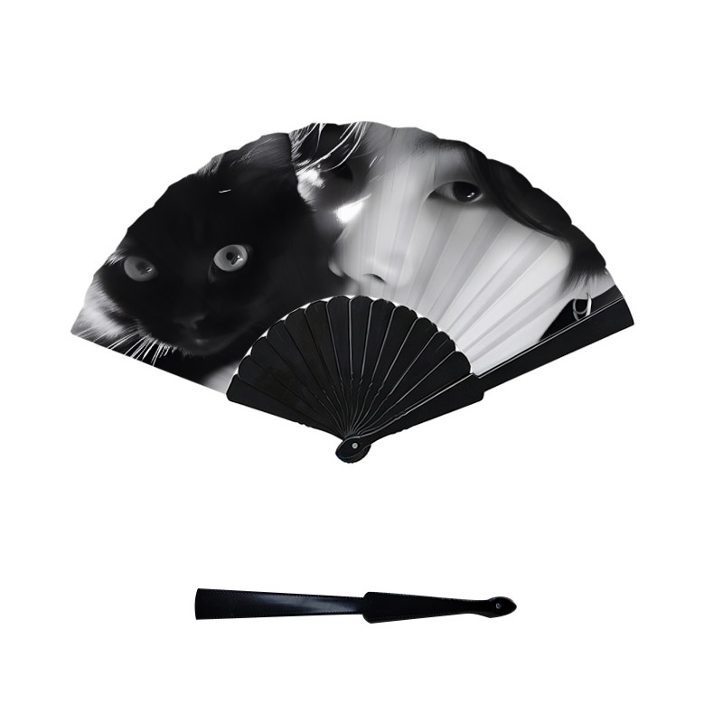 TEMU K-pop Themed Sugar Handheld Fan, 1pc Plastic Blade Plastic Surface Style, Monochrome Black And White Cat Portrait Print, Portable Cooling
