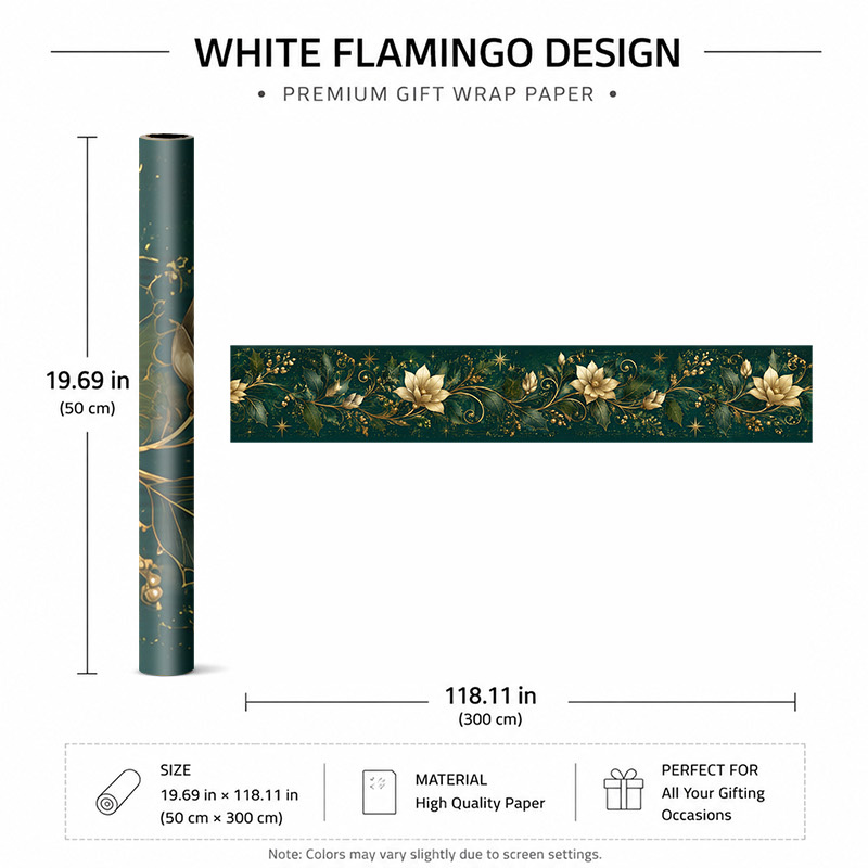 TEMU Noël Premium 2D Plat 1 Rouleau 50X300Cm (19.7X118.1In), Papier d'Emballage Cadeau avec Élégantes de Houx et Étoiles Dorées sur un Fond Vert,