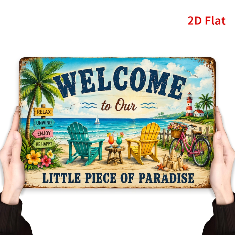 TEMU 2d Flat, Decorative Sign 2d Flat, [2dflat], 1pc 30x20cm- Beach Welcome Tin Sign, Coastal Wall Decor, House Decorative Signs For Summer, 2d Flat