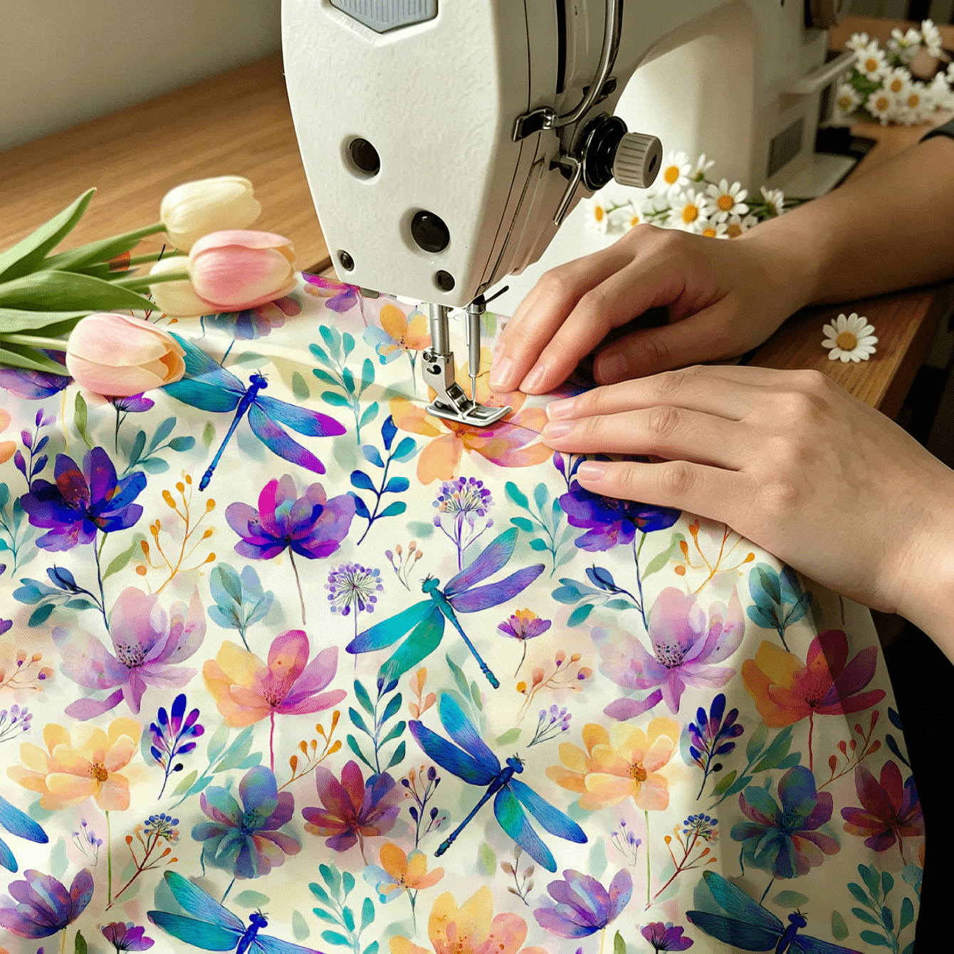 TEMU 1pc Colored Watercolor Floral And Dragonfly Pattern On White Background, Fabric, Available, Soft And Comfortable Material, Polyester Handcraft