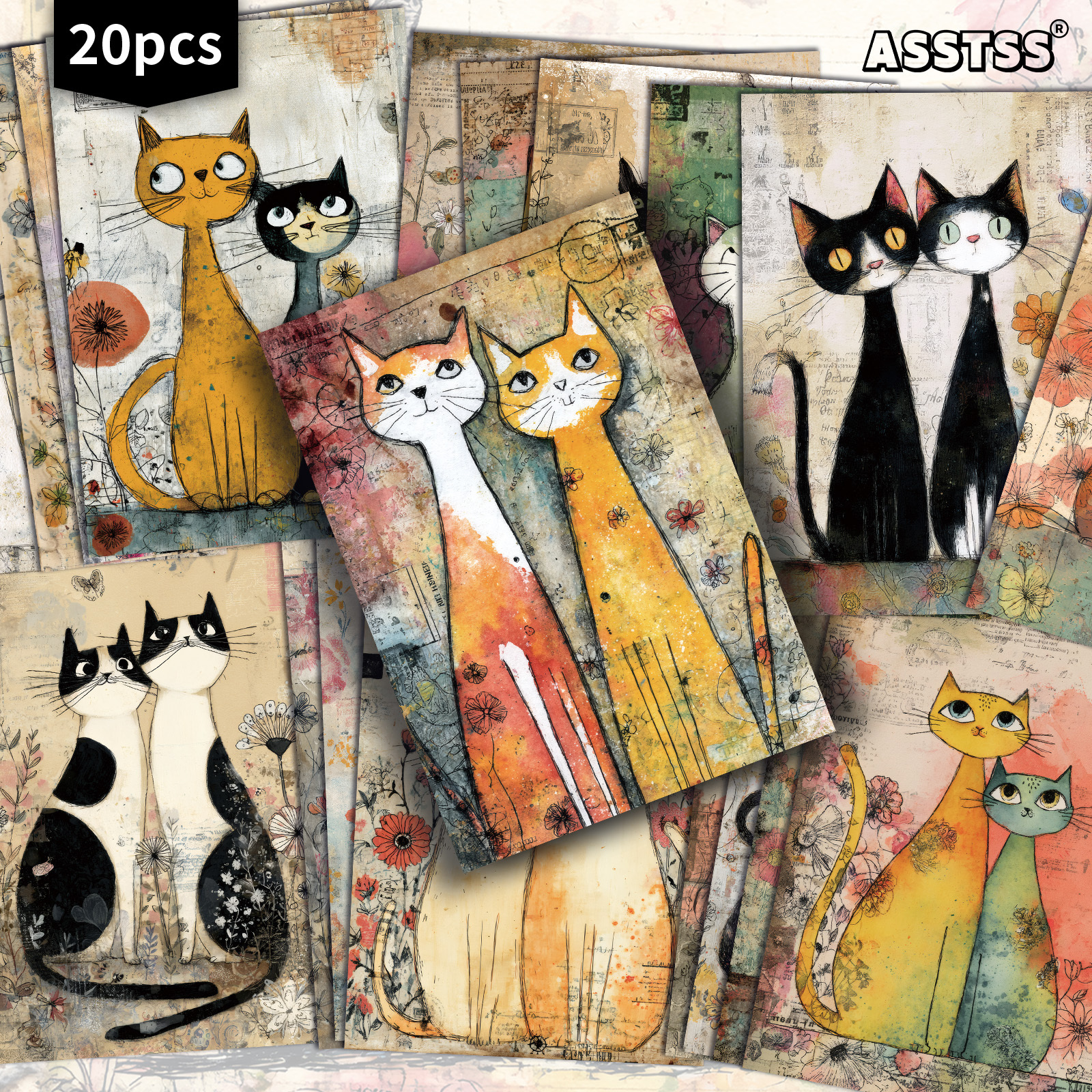 TEMU Lot de 20 cartes postales ASSTSS chaton art vintage - 4x6 pouces, fournitures rétro pour journal de récupération, illustrations classiques,