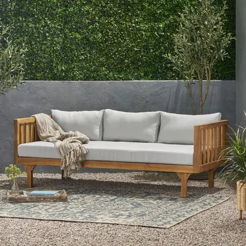3 seater outdoor daybed acacia wood frame high quality cushions slat design for patio garden balcony easy assembly 67 75 w x 32 25 d x outdoor patio furniture