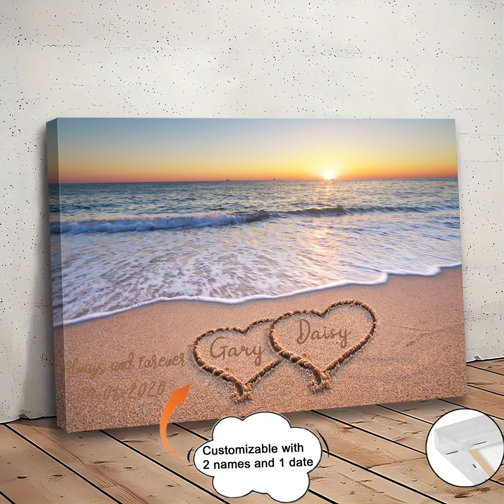 

Print Painting, 1pc Romantic Beach Sunset Personalized Wooden Canvas Wall Art, Customizable Couple's With Names And Date, Home, Bedroom, Wedding Decor, Unique Gift Idea