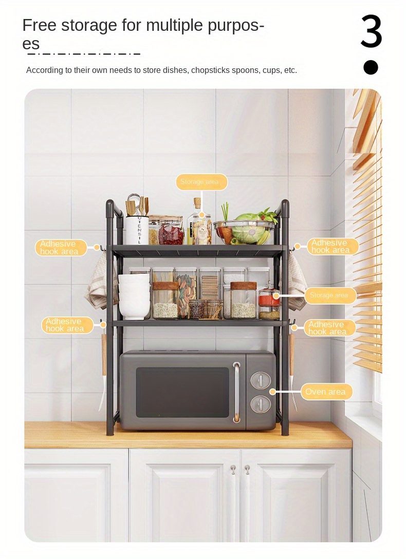 1  functional expandable microwave stand heavy duty 3 tier adjustable   with 8 hooks space saving kitchen organizer for   room types no electricity needed tiered shelf storage solution black details 6