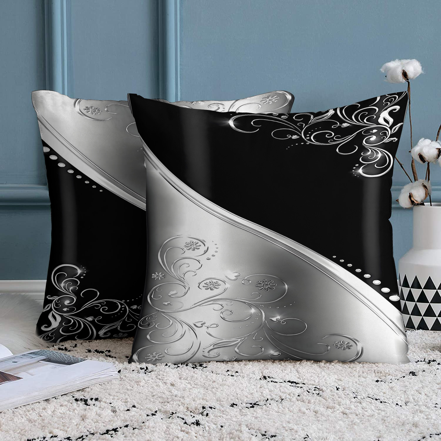 TEMU Lot de 2 housses de coussin imprimées, motif floral incurvé argenté noir tendance, style luxe léger, peluche courte de haute qualité, impression