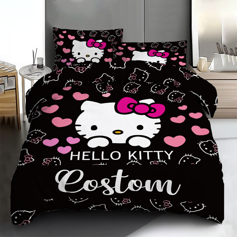 

Sanrio Hello Kitty 3pcs Bedding Set - Customizable Name, Soft Polyester Duvet Cover & 2 Pillowcases, Black With Pink , Machine Washable, Ideal For All , Linens| Design|machine Washable Set