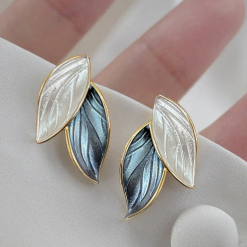 Vintage Enamel White and Blue Leaf Stud Earrings, Bohemian Style