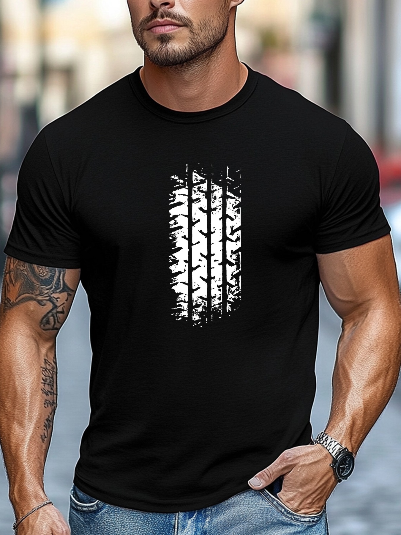 artikel foto heren t-shirt met korte mouwen en bandenpatroon - casual zomer t-shirt met ronde hals in    , perfect voor warm  , autorijden en buitenactiviteiten - direct beschikbaar voor snelle verzending