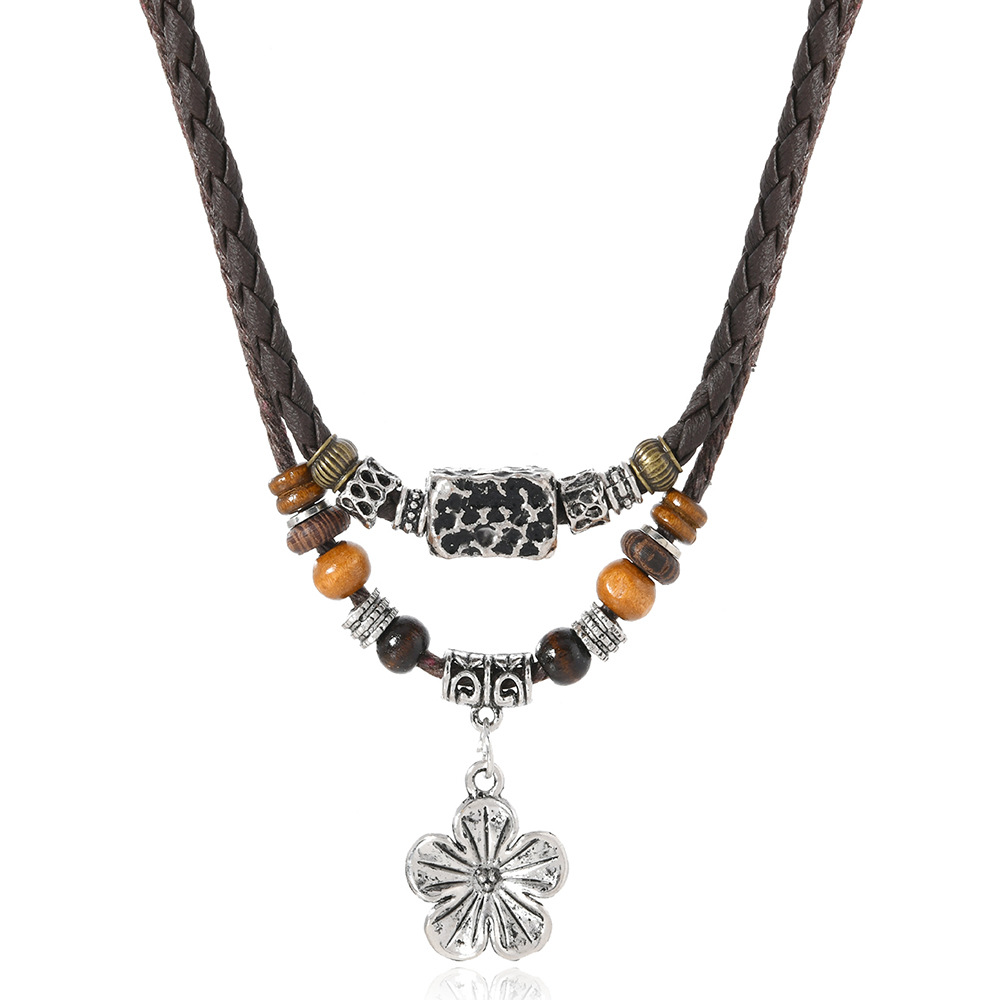 TEMU 1pc Collier pour femme à double couche avec pendentif fleur tressée de style rétro, collier de mode multicouche, cadeau de Saint-Valentin