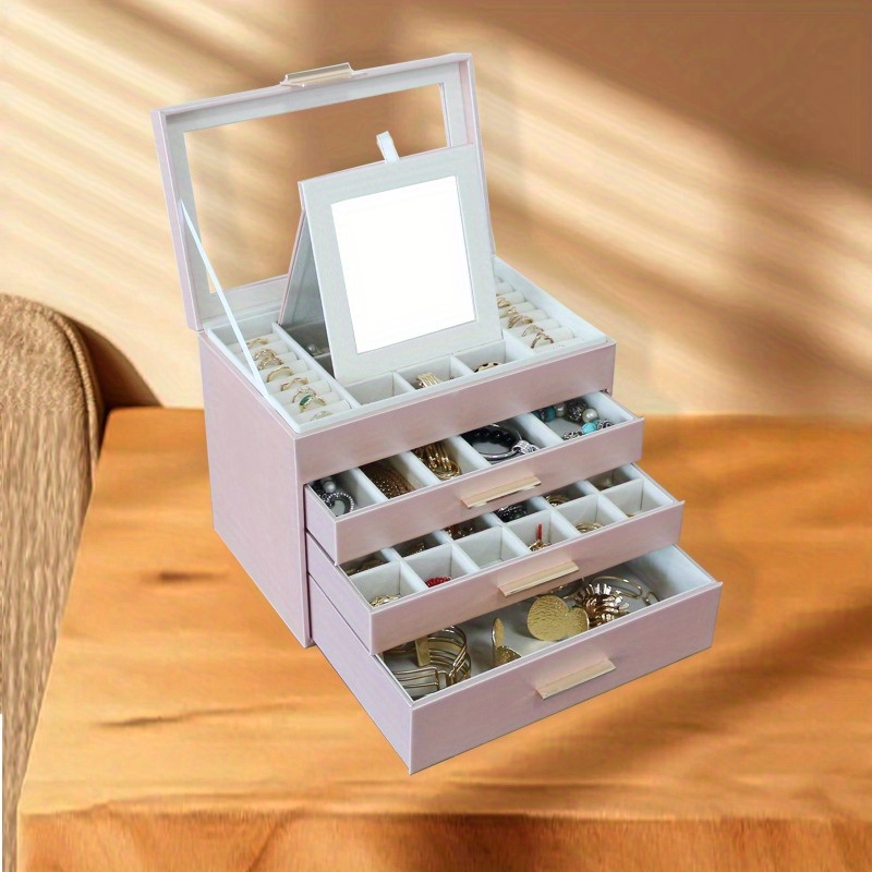 BOOVO Advanced 4-layer Jewelry Box -3-layer Drawer Large Capacity Storage - Transparent Window Design - Suitable for Displaying and Storing Jewelry - Built-in Flip Mirror - Equipped with Necklace Hook - Multifunctional Faux Leather Jewelry Box