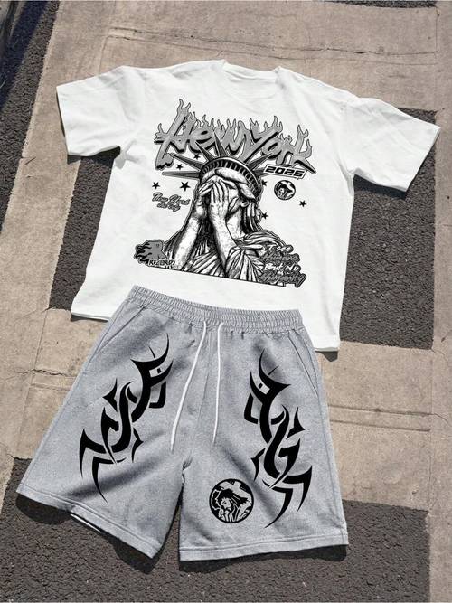 2pcs set suitable for boys and teenagers y2k style short sleeve shorts set fashionable streetwear ideal for daily wear casual sports style for outdoor