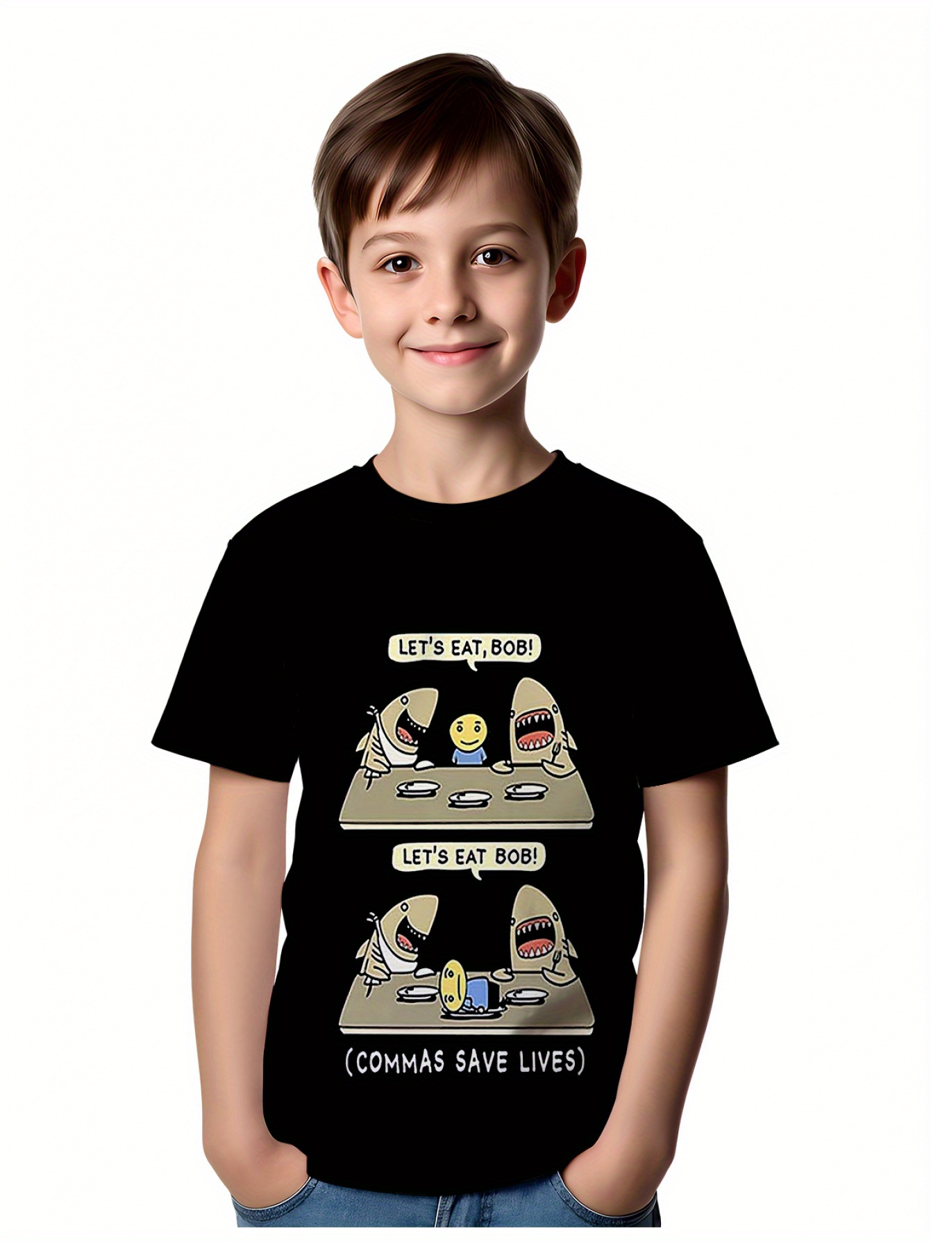     lives t shirt     shark chomping on   humorous english grammar 3 funny short sleeve pattern tee   black 0