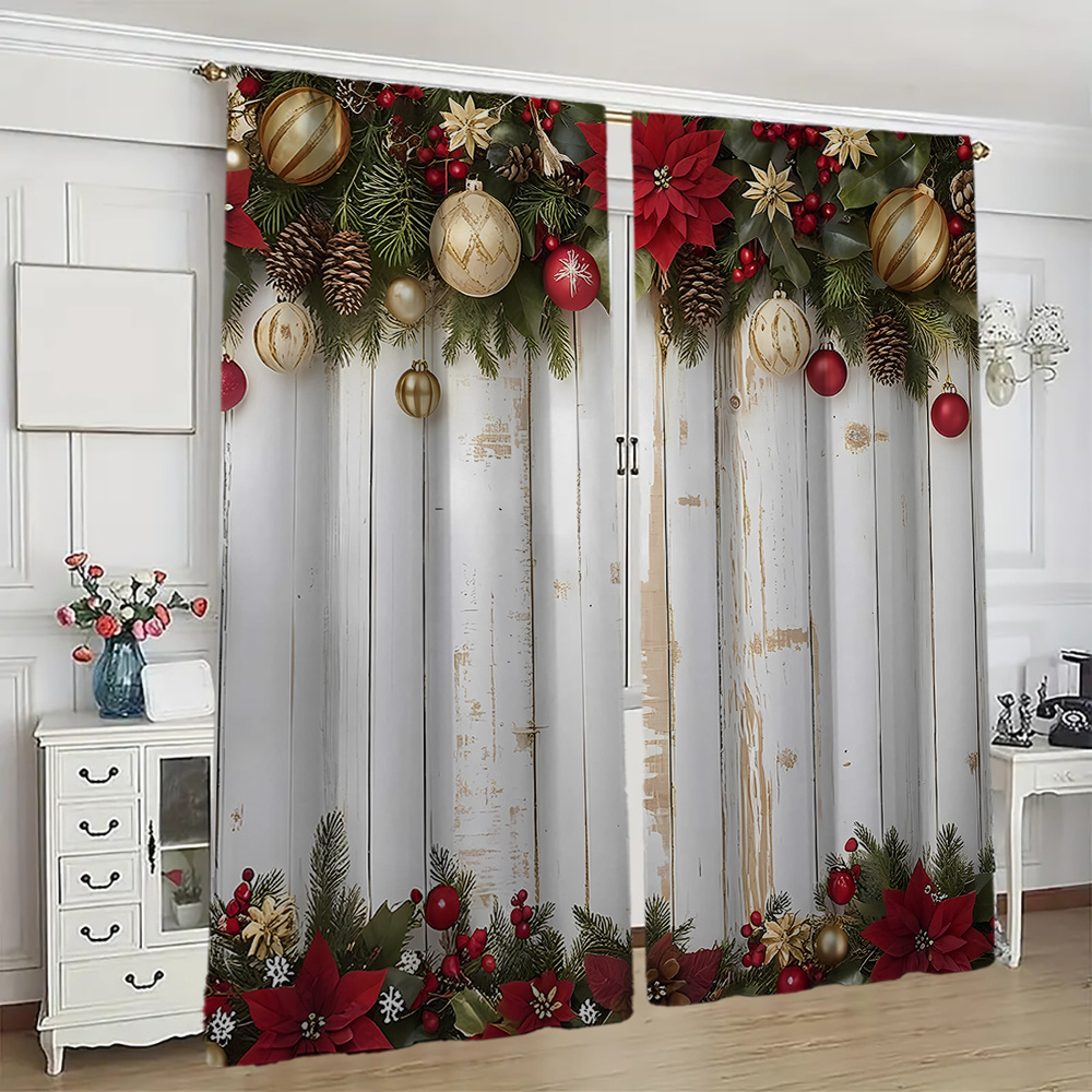 

2pcs Christmas Curtains Set - & Wooden , Rod For Hanging In , , - Polyester , Christmas Decor