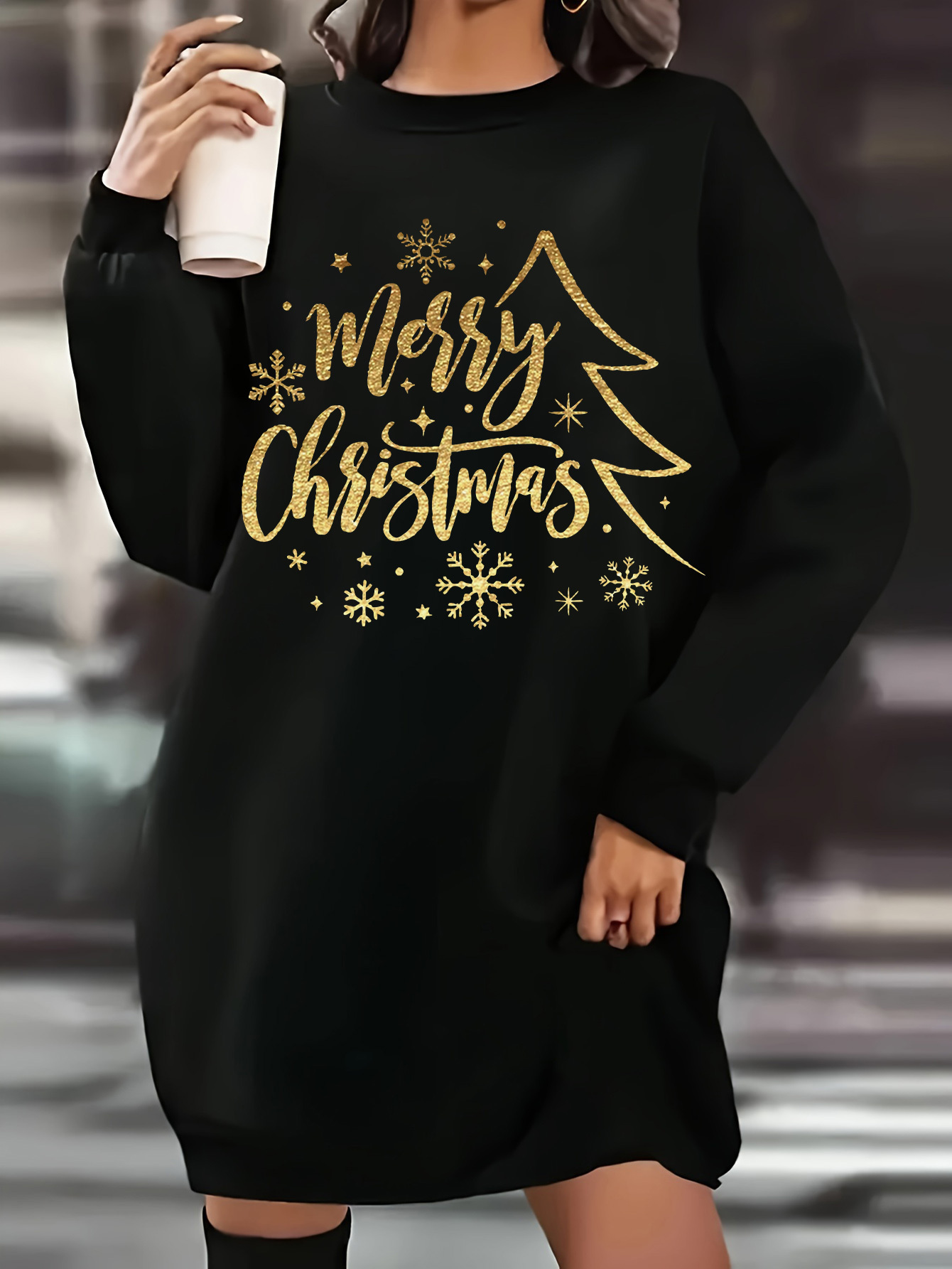 Vrouwen Plus Size Kerst Grafische Print Sweatshirt Jurk Zwart met Gouden  Glitter Letters Sneeuwvlokken, Comfortabele Lange Mouwen Ronde Hals