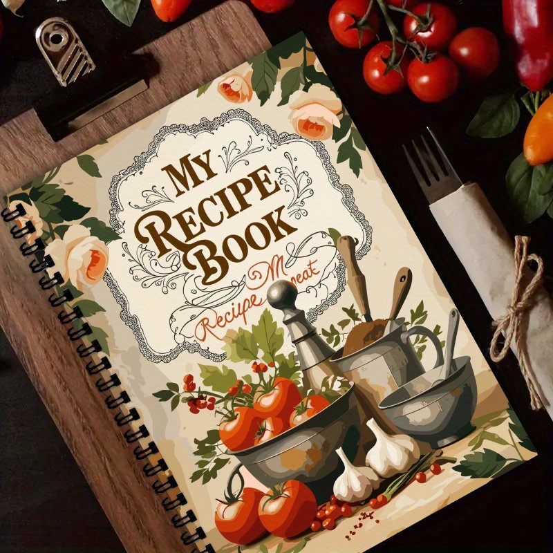 TEMU Carnet de recettes A5 à spirale, design rétro champêtre, avec légumes et fruits, cahier de recettes parfait pour écrire votre carnet de recettes