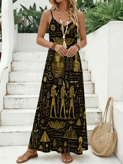 bohemian egyptian elements women's vacation vest maxi dress Veronica Beard Ayanna Halter | Black Multi while the trapeze skirt adds movement egyptian style dress sold on