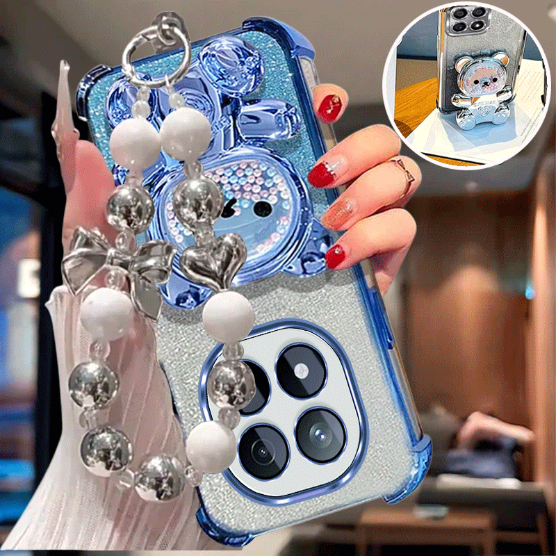 TEMU Phone Case: Phone Case Suitable For Redmi Note 15 4g 5g 15 Gradient 4 Corner Glitter Anti Drop Phone Case, Cute Bear, Stand, Silver Bead