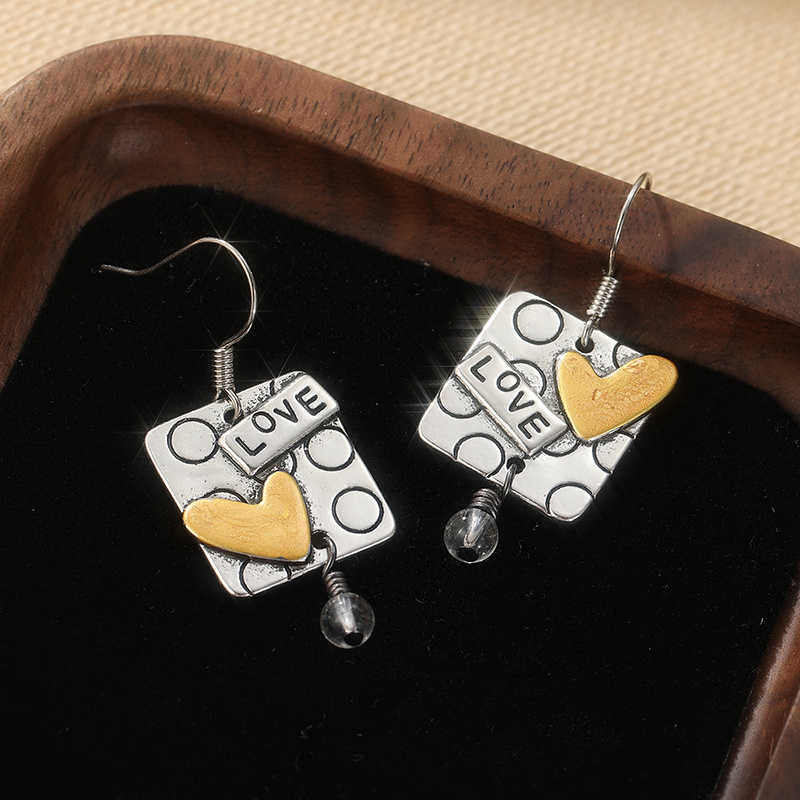 Women's Vintage Copper Hand Carved Love Heart Earrings