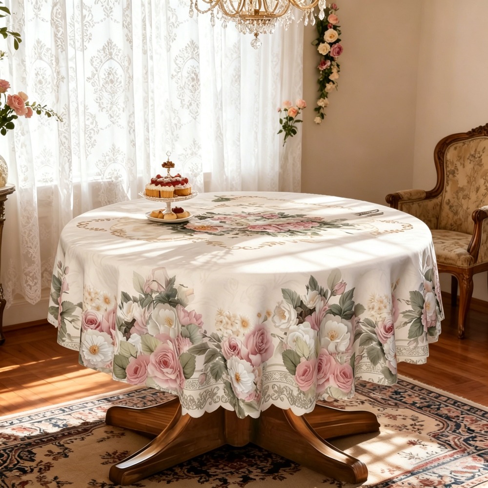 TEMU 1pc Soft Pink Rose Tablecloth, Round/rectangular/square, Polyester Material, Lightweight, Quick-drying, Machine Washable. Suitable For Outdoor