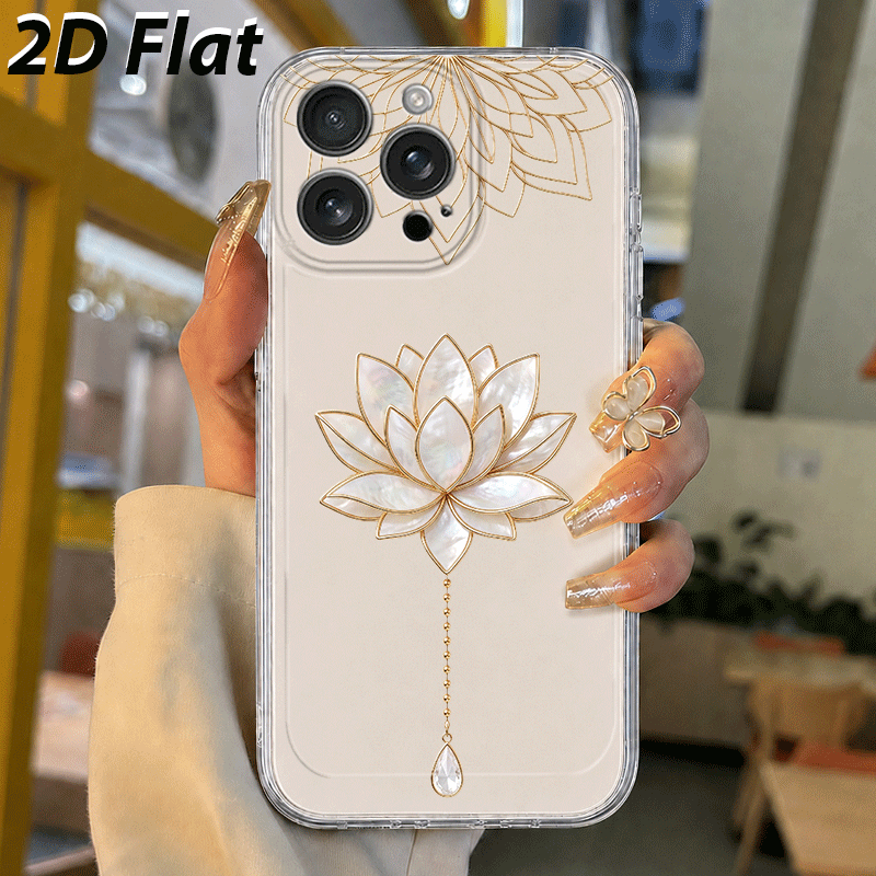 TEMU Phone Case - 2d Flat Golden Bead Mother-of-pearl Lotus Pattern Phone Case Suitable For Iphone 17 16 15 14 13 12 11 Pro Xs Xr Xsmax 7 8 6 6s Plus
