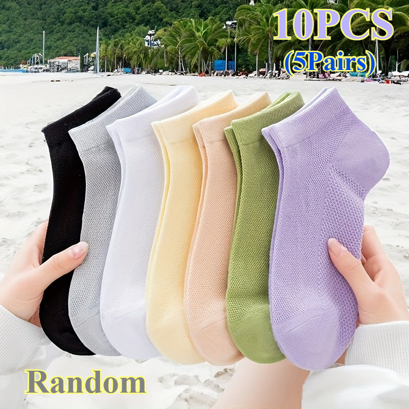 TEMU 10pcs (5 Pairs) Women's Comfy Breathable Ankle Socks - Soft Stretchy Ribbed Cuff, Assorted Solid Colors, Hand Wash For Everyday Casual Wear,