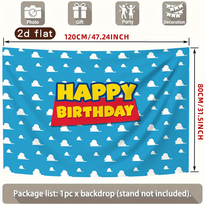 TEMU 2d Flat, 2d Flat Banner, 1pc Cartoon Story Birthday Backdrop And Tablecloth Boy Birthday Party Sky White Cloud Background With Cartoon Story