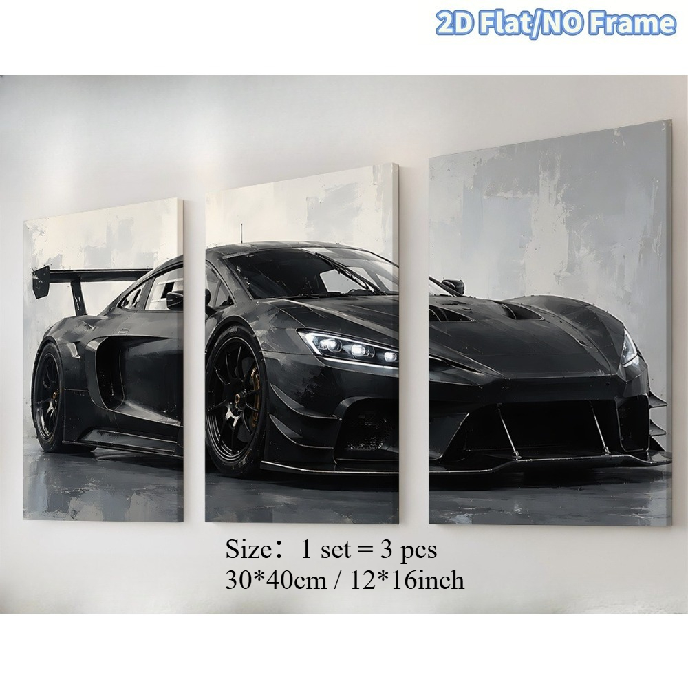 TEMU 2d Flat, 2d Flat, 2d Flat Frameless 3pcs Black Sports Cars, Decoration Gift, Suitable For Father's Day, Graduation Ceremony, Birthday, July 4th,