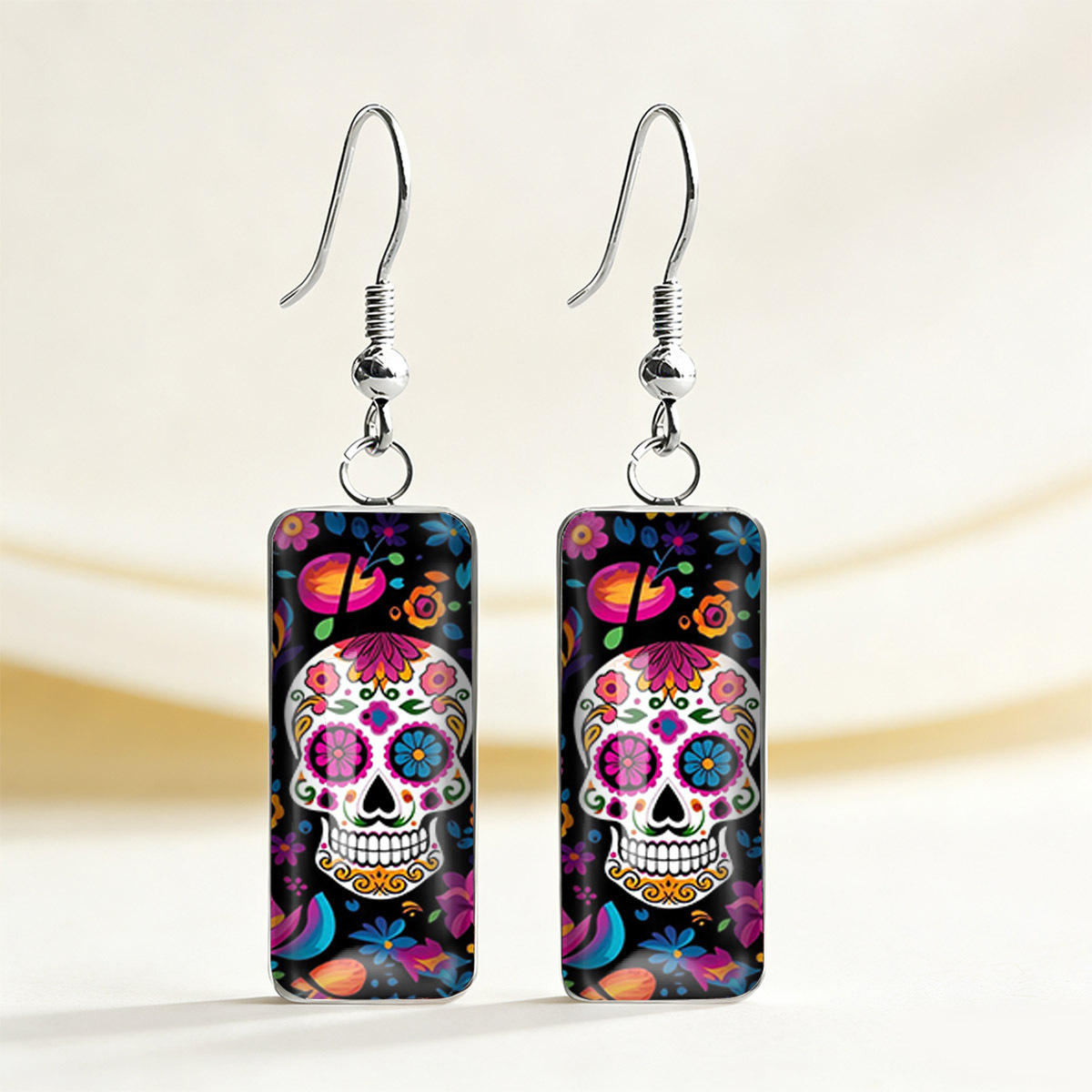 TEMU 1 Pair Background Painted Skull Printed Rectangular Earrings, Holiday Streetwear Trendy Ear Jewelry, Without Battery
