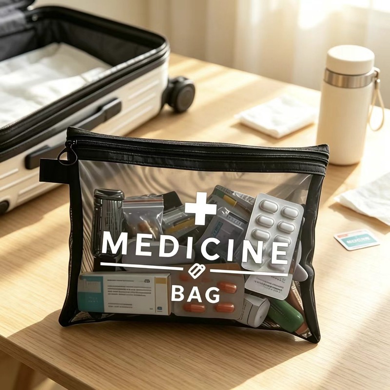 TEMU Medicine Bag Cross Medical Identification Mesh Storage Toiletry Bag, Semi-transparent Black Mesh Material, Travel Portable Medicine Dispensing