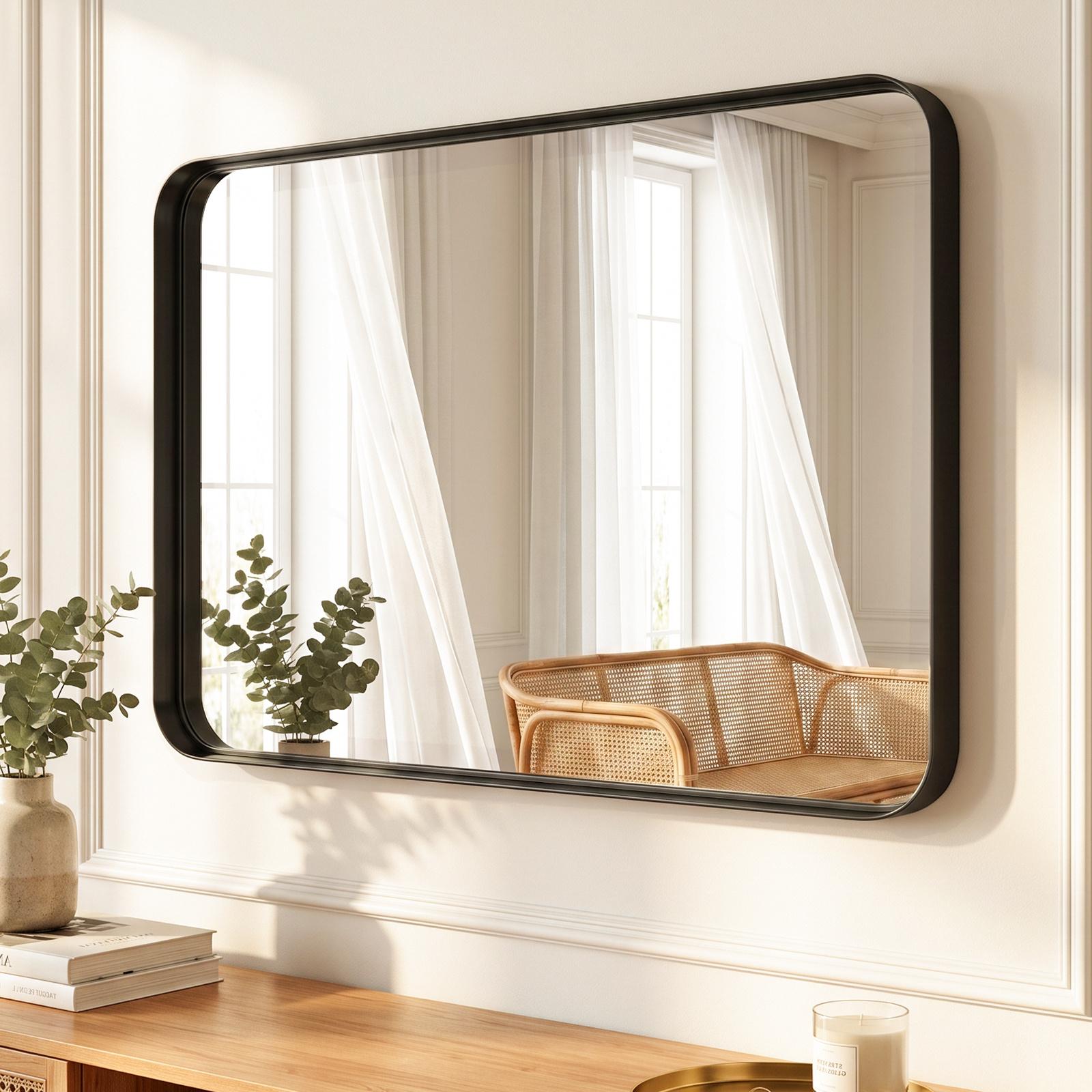 Image of Rounded Rectangle Wall Mirror, Aluminum Alloy Metal Framed Vanity Mirror, Anti-rust Wall-mounted Mirror, Hangs Horizontally Or For Bathroom Bedroom Entryway Living Room