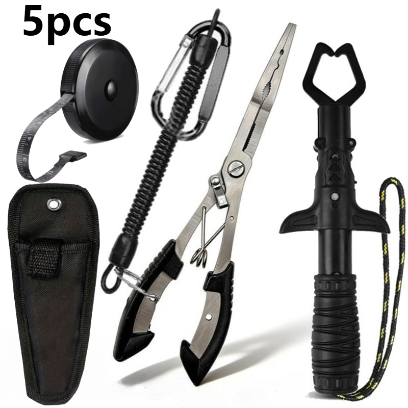 TEMU 5pcs Multi-functional Fishing Pliers Set With Long Nose Fishing Pliers Fish Control Device, Safety Lanyard, Fish Measuring Ruler, Storage Bag