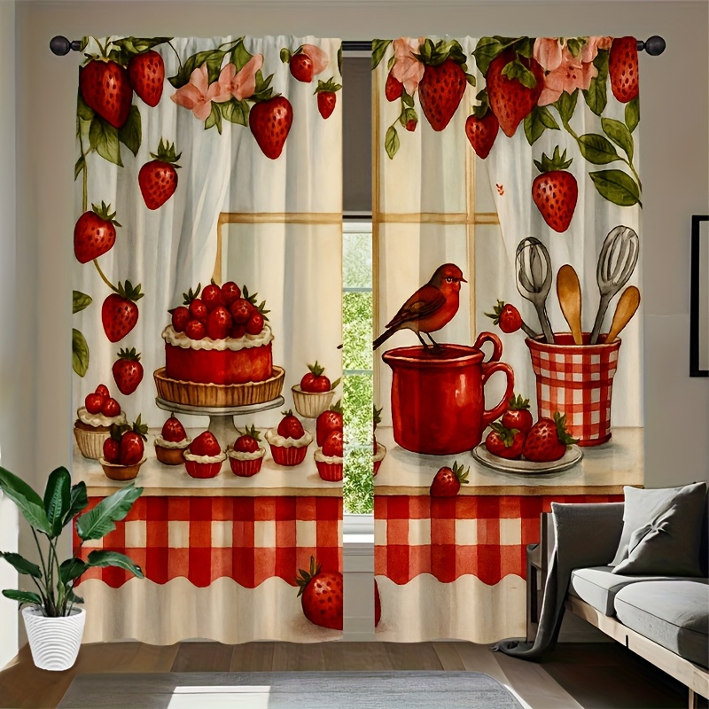 TEMU 2d , 2pcs Set Of 2d Flat Printed Curtains. This 2pcs Curtain Set Features A Cozy Strawberry Theme Design, Suitable For Interior Decoration. With