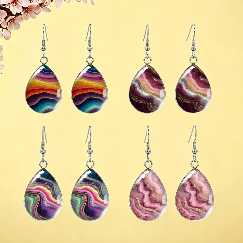 TEMU 4 Paires de Boucles d'Oreilles Pendantes Crochet Illustrée à Colorées Bijoux en Verre Ajouts d'Oreilles Cadeaux d'Additions pour Hommes, Pile