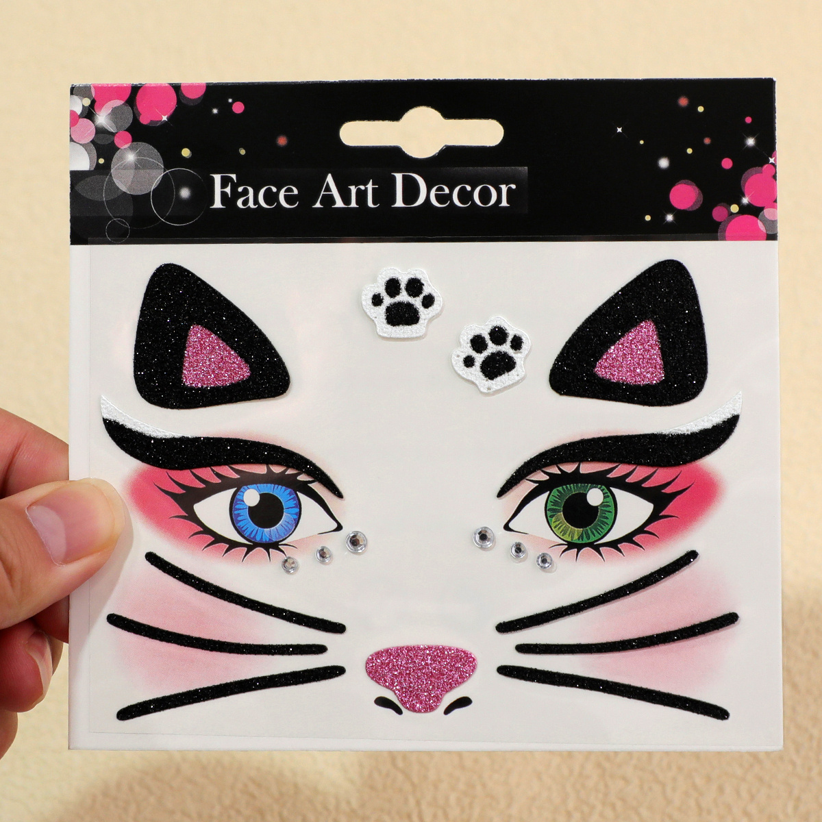 TEMU Cute Rhinestone Face Stickers, Self-adhesive Cartoon Kitten Face Decorations, Suitable For Carnival Parties, Halloween, And Cosplay Makeup