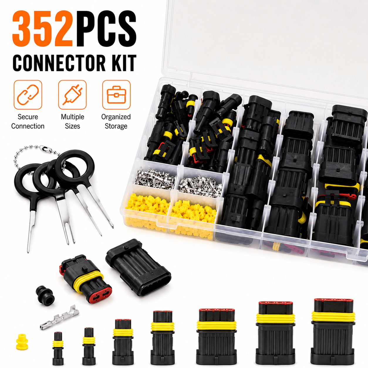 Image of 352pcs Automotive Quick Connect Hid Connector Kit, 26 Sets Durable 1/ 2/ 3/ Car Electrical Wire Harness Plugs, Rustproof, Sealed For Secure Connections In Cars & Trucks. Copper Terminal