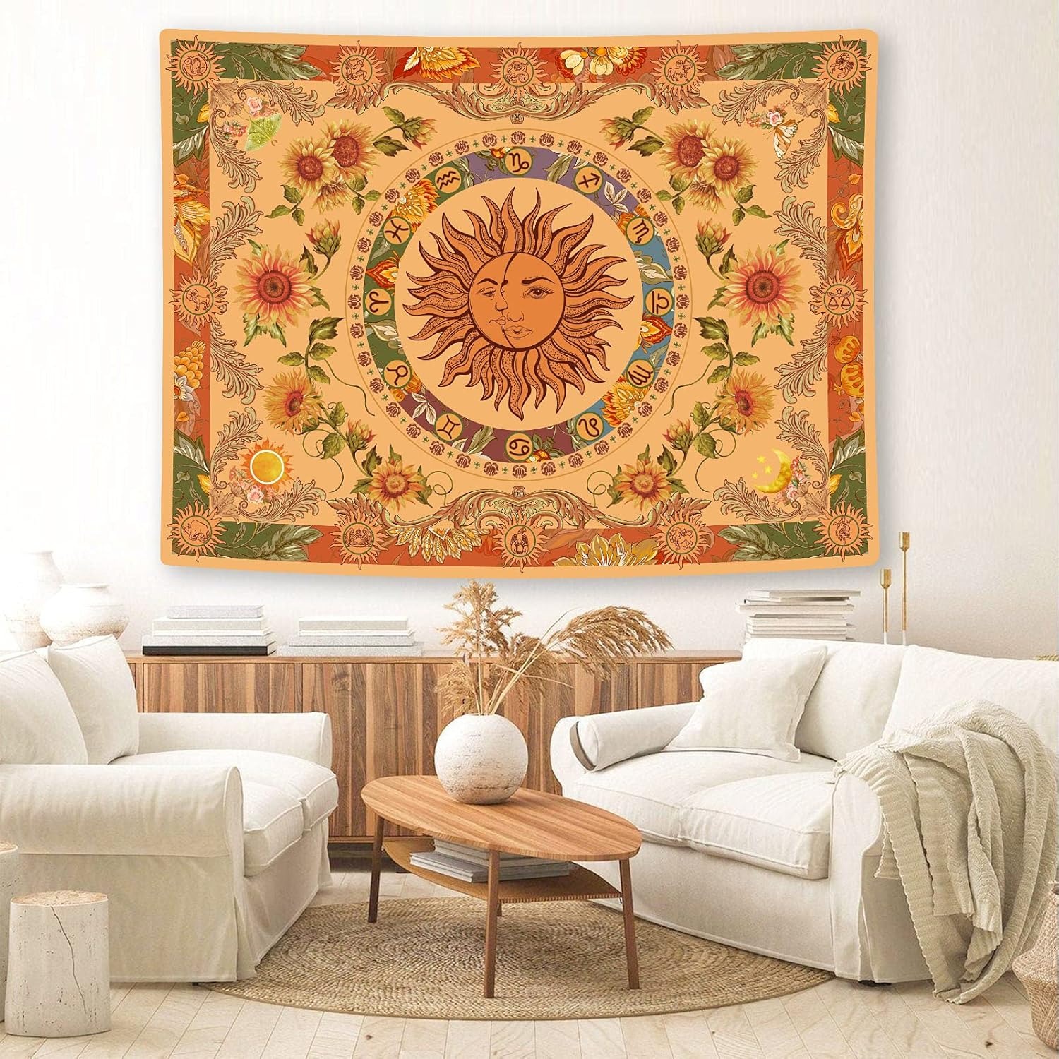 Bohemian Retro Sun Tapestry With Sunflower Butterfly And Moth_voghion.com