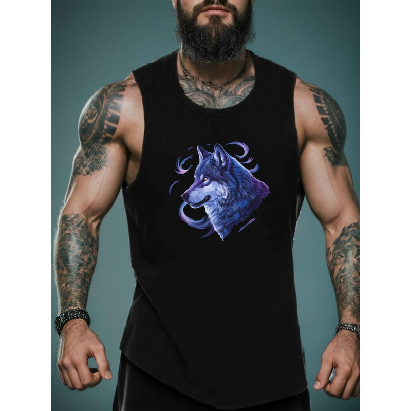 

Men's Sleeveless Top With Wolf Head Illustration - Breathable Polyester, Dark Color, Casual Summer Wear, Machine Washable, Graphic Top | Round Neckline | Smooth Texture Vest