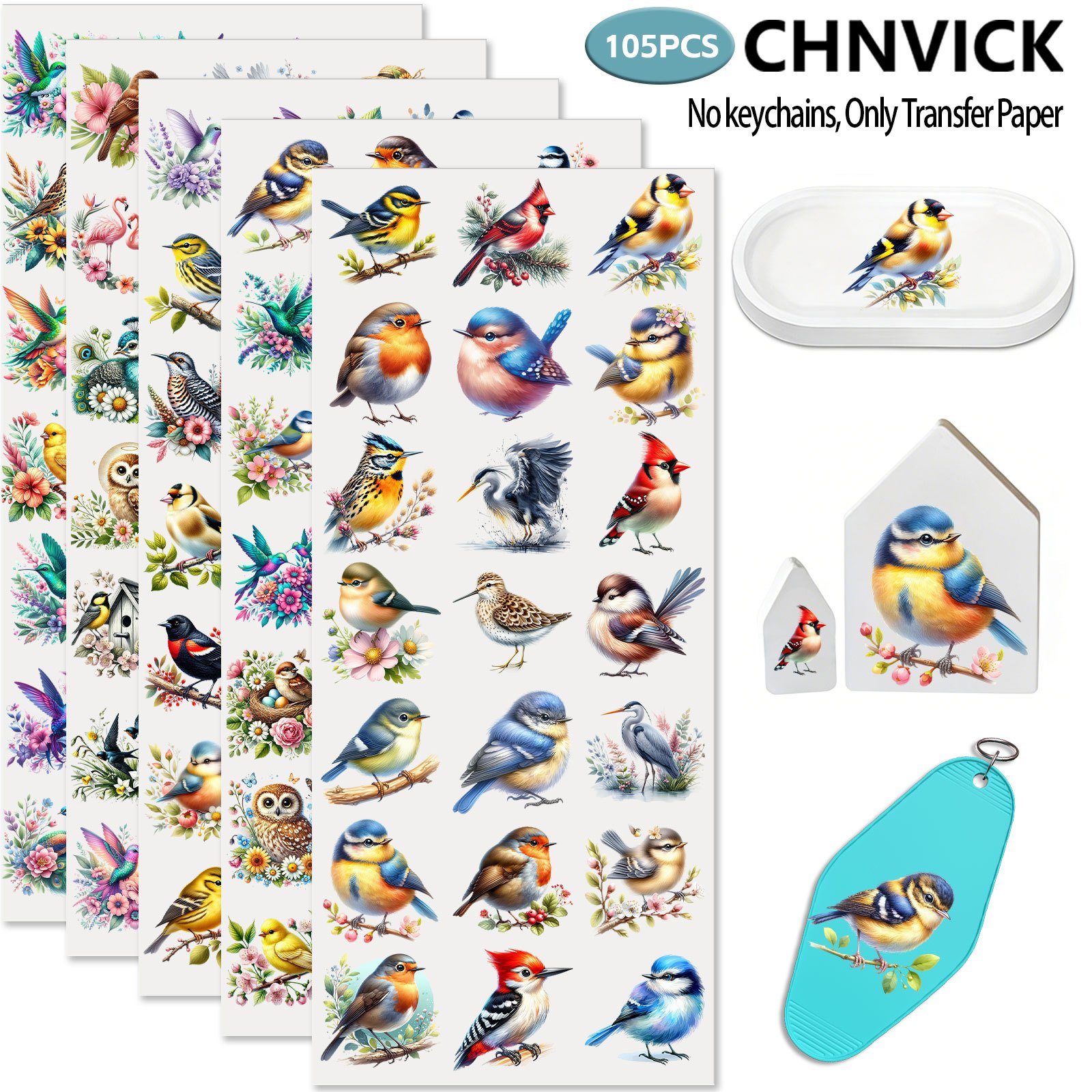 TEMU Lot de 105 pièces/Set de UV DTF à appliquer par frottement, style aquarelle oiseaux de printemps, pour porte-clés, petite élevée pour étuis de