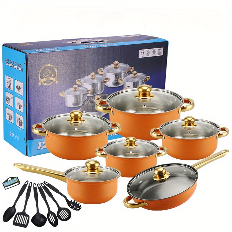 18  stainless steel cookware set with non stick pots golden handles utensils ideal for steaming frying boiling essential kitchen gear thick cooking utensils details 0