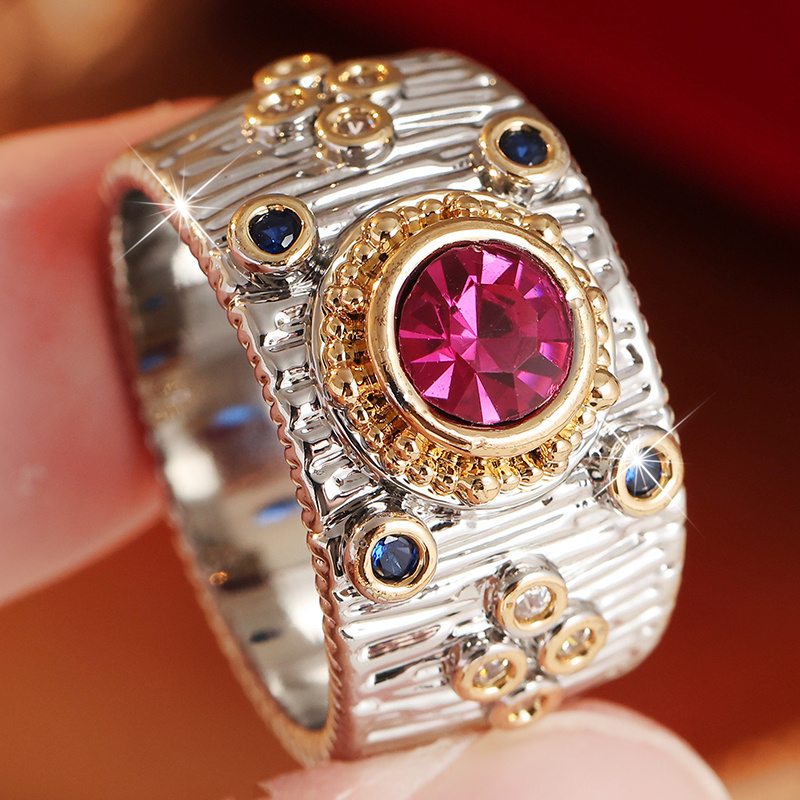 Women's Gothic Bark Texture Ring with Golden Border & Pink CZ