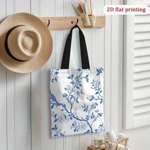 1pc bluebird print tote bag sturdy reusable shopping bag with sturdy top handles durable polyester fabric for daily work vacation machine washable great for groceries books laptop ideal couple gift versatile carryall reusable shopping bags 2d flat