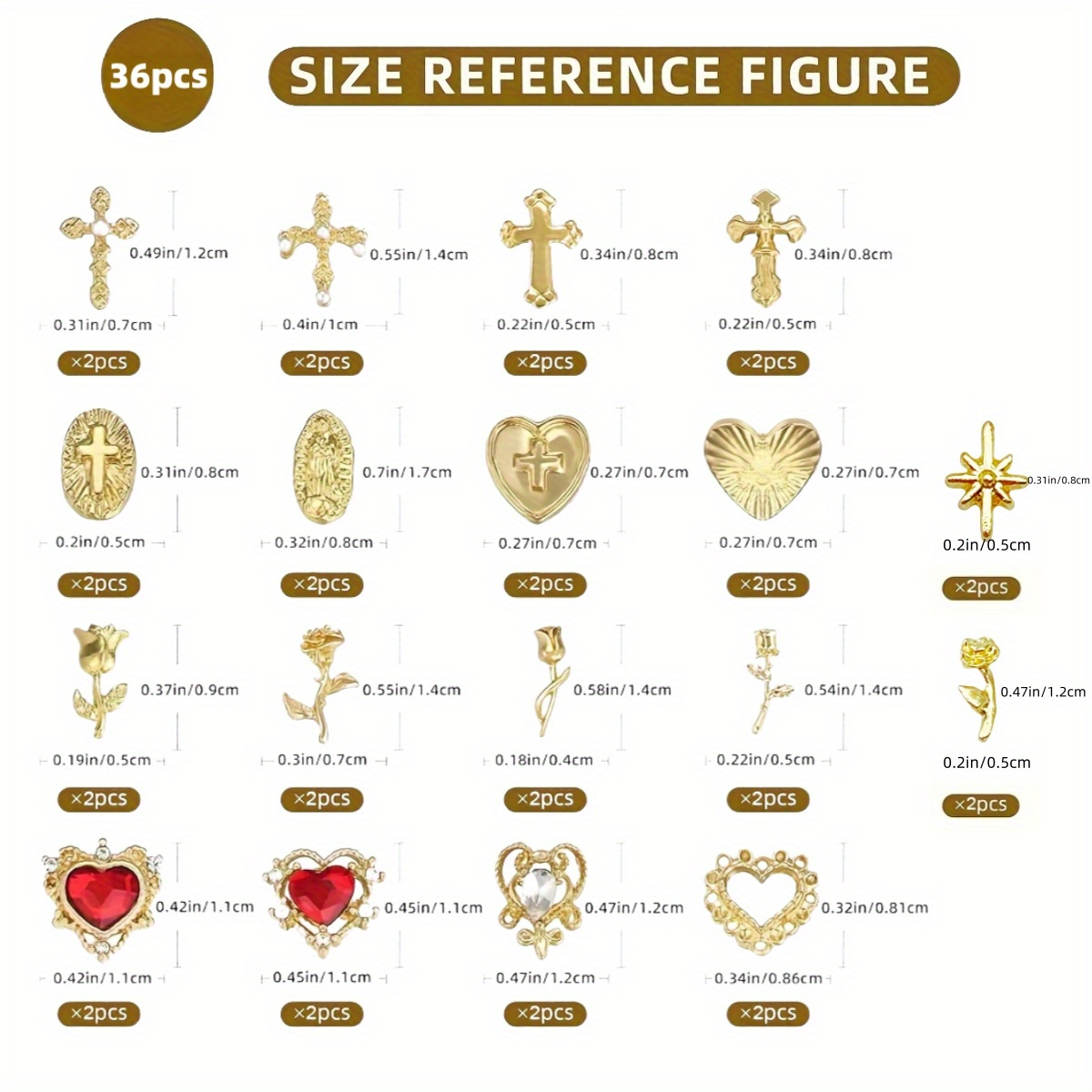 36pcs Y2k 3d Chrome Nail Art Set - Golden Rose, Heart, & Patterns With Gemstones, Elegant Manicure Accessories For Stylish Nail Decor