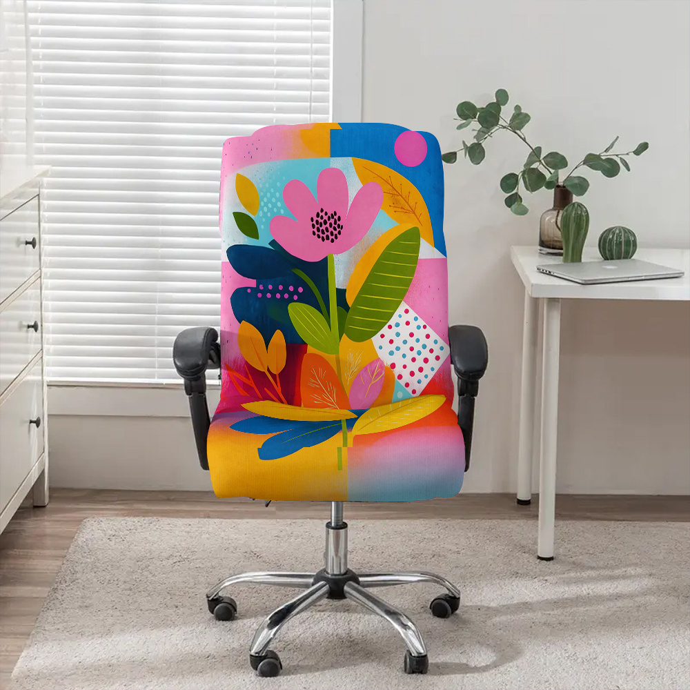 TEMU Housse de chaise de bureau pour ordinateur 1 pièce, motif de plantes , en tissu de fibre de lait avec élastique, amovible et lavable en machine,